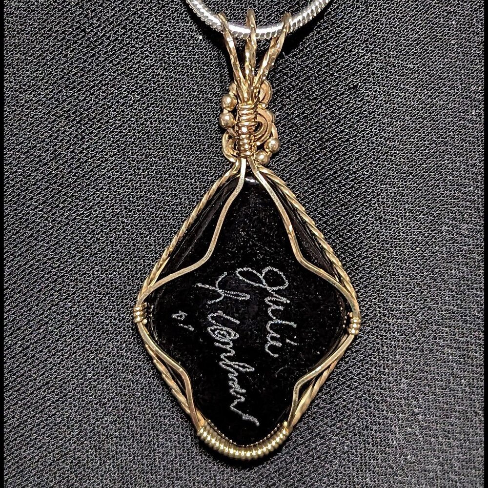 Precious SIGNED Blue, Yellow Dichroic 14k Gold-Filled Wire-Wrapped Glass Pendant - Picture 3 of 3